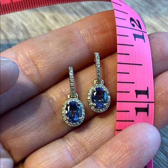 14k Gold diamond tanzanite Drop Earrings. Oval Gemstones with diamond Pavé Halos - Picture 12 of 13